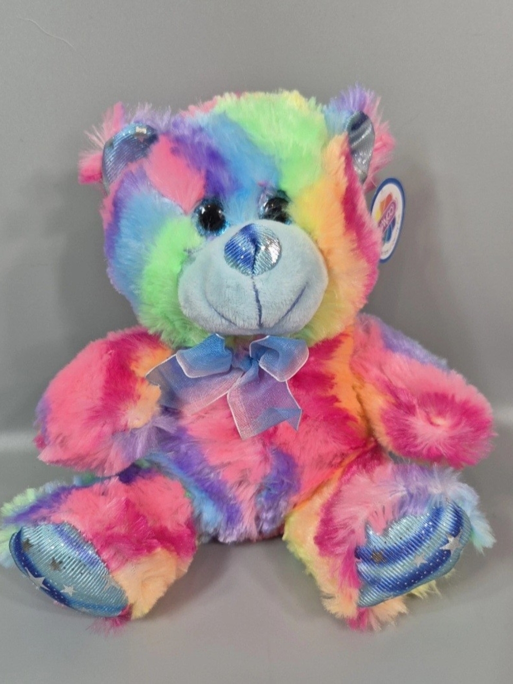 Nanco Plush Rainbow Teddy Bear Blue Bow Feet Nose Stars Sparkling Eyes